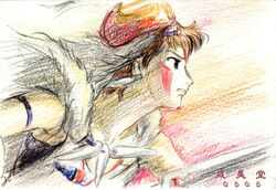  earrings facepaint facial_mark highres jewelry mononoke_hime naru necklace pencil_crayon_(medium) san short_hair traditional_media 