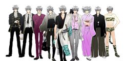  absurdres crossdressing formal gintama glasses highres jacket jakira japanese_clothes kimono lum lum_(cosplay) multiple_boys multiple_persona red_eyes sakata_gintoki short_twintails silver_hair suit tail tiger_print tiger_tail twintails urusei_yatsura white_jacket 