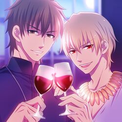  blonde_hair brown_eyes cup fate/zero fate_(series) gilgamesh hisohiso jewelry kotomine_kirei male multiple_boys necklace necklace2boys red_eyes wine wine_glass 