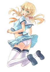  blonde_hair green_eyes highres kazeno original panties school_uniform serafuku solo striped striped_panties thigh-highs thighhighs underwear 