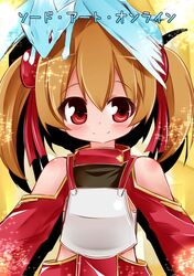  bare_shoulders blush breastplate brown_hair hair_ribbon highres izumi_yuuji_(trace_kouhosei) pina_(sao) red_eyes ribbon short_hair short_twintails silica smile solo sword_art_online title_drop twintails 