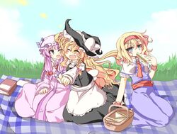  3girls alice_margatroid basket blonde_hair blue_eyes book bow braid capelet crescent dress eating food grass hair_bow hairband hat kirisame_marisa long_hair multiple_girls open_mouth outdoors patchouli_knowledge picnic picnic_basket purple_hair ribbon sandwich sash short_hair single_braid sitting sky touhou witch_hat wrist_cuffs 