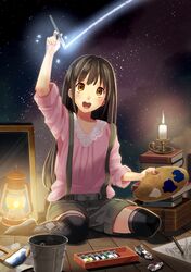  :d argyle argyle_legwear bangs black_hair book brown_eyes bucket candle kneehighs lantern long_hair nakahara_(fukufuku) no_shoes oekaki_musume open_mouth paint paintbrush painting palette shorts sitting sky smile solo star star_(sky) starry_sky suspenders thigh-highs thighhighs wariza zettai_ryouiki 