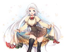 :d black_legwear blush breasts flower gray_eyes grey_eyes holding long_hair mirunai open_mouth original plaid silver_eyes silver_hair smile solo thigh-highs thighhighs white_hair 