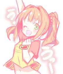  1girl bracelet green_eyes hinata_mutsuki idolmaster jewelry midriff navel open_mouth orange_hair raglan_sleeves short_sleeves short_twintails sketch solo takatsuki_yayoi twintails wink 