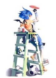  absurdres ball bare_shoulders barefoot baseball black_gloves blue_eyes blue_hair demon_tail demon_wings detached_sleeves fingerless_gloves gloves halterneck highres horns original pointy_ears scan short_hair soccer_ball solo tail vofan wings 