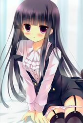  :o absurdres azumi_kazuki black_hair black_legwear blush dress garter_straps highres hime_cut inu_x_boku_ss looking_at_viewer panties panty_pull pink_eyes purple_eyes scan school_uniform shirakiin_ririchiyo sitting solo stockings strap_slip thigh-highs thighhighs underwear white_panties yukie_(peach_candy) 
