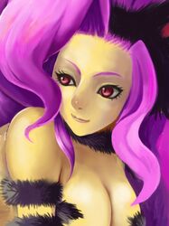  alternate_color alternate_eye_color alternate_hair_color bare_shoulders breasts cleavage close-up felicia fur looking_away purple_eyes purple_hair tomiake1209 vampire_(game) violet_eyes 