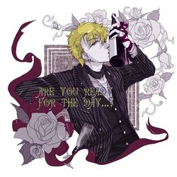  alternate_hair_color blonde_hair cup earrings flower formal gintama jewelry nijita rose sakata_gintoki solo suit wine wine_glass 