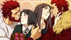 adult bangs beard birthday black_eyes black_hair blush cape dual_persona facial_hair fate/zero fate_(series) green_eyes happy_birthday long_hair lord_el-melloi_ii male multiple_boys red_eyes red_hair redhead rider_(fate/zero) t-shirt time_paradox ttakuann waver_velvet 