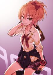  1girl bag bow buttons candy hair_bow idolmaster idolmaster_cinderella_girls jougasaki_mika lollipop matsuryuu mouth_hold ponytail school_bag school_uniform skirt solo yellow_eyes 