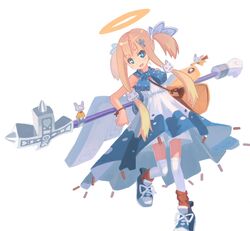  1girl angel blonde_hair blue_eyes blush cross dress fang halo kazaribuu kneehighs open_mouth original short_twintails solo staff twintails white_legwear 