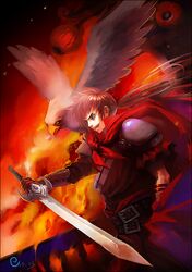  armor belt bird blue_eyes brown_hair cape character_request copyright_request eagle elna7 signature solo sword weapon 