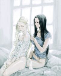  alternate_hairstyle aqua_eyes bare_shoulders bed black_hair blonde_hair blush bottomless braid braiding_hair cammy_white chun-li closed_eyes eyes_closed green_eyes hairdressing highres ikeda_masateru indoors lingerie lips long_hair looking_at_viewer multiple_girls panties scar sitting street_fighter underwear v_arms very_long_hair white window 