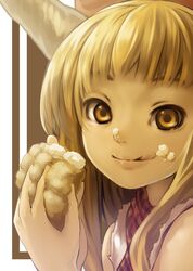 :q blonde_hair cream_puff eating food food_on_face holding horns ibuki_suika kurou_(crow) licking long_hair looking_at_viewer solo tongue touhou yellow_eyes 