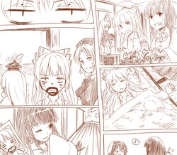  anger_vein animal_ears bunny_ears bunny_tail comic dress_shirt facial_mark fujiwara_no_mokou futon hair_ribbon hat houraisan_kaguya inaba_tewi kamishirasawa_keine long_hair miyo_(ranthath) monochrome multiple_girls musical_note photo_(object) playing_games rabbit_ears reisen_udongein_inaba ribbon scowl shirt short_hair skirt sleeveless suspenders tail touhou trembling wink yagokoro_eirin 
