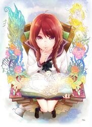  book braid chair finger_to_mouth flower from_above glasses holding holding_book long_hair mei_(325ks46) open_book original red_eyes red_hair redhead school_uniform sitting skirt solo too_many_books twin_braids 