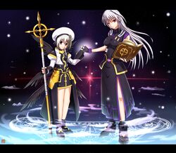  breasts fingerless_gloves gloves hair_ribbon hand_holding hat highres holding_hands kanimiso999 large_breasts letterboxed long_hair long_sleeves lyrical_nanoha magic_circle mahou_shoujo_lyrical_nanoha mahou_shoujo_lyrical_nanoha_a's mahou_shoujo_lyrical_nanoha_a's mahou_shoujo_lyrical_nanoha_the_movie_2nd_a's mahou_shoujo_lyrical_nanoha_the_movie_2nd_a's multiple_girls puffy_sleeves purple_eyes red_eyes reinforce ribbon schwertkreuz short_hair silver_hair sleeveless space staff star tome_of_the_night_sky violet_eyes wings yagami_hayate 