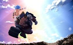  2boys bandage bandages blue_hair boota cloud clouds flying kamina lagann makishi_yaichi mecha multiple_boys pointing shirtless simon sky tattoo tengen_toppa_gurren_lagann 
