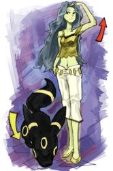  bare_arms bare_shoulders black_eyes elite_four grey_hair highres karin_(pokemon) long_hair nagio navel pokemon pokemon_(game) pokemon_hgss umbreon 
