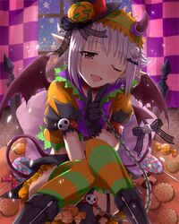  :d bat_wings blush boots brown_eyes chain chains cookie fang food gloves grey_hair hair_ornament hairclip halloween idolmaster idolmaster_cinderella_girls koshimizu_sachiko open_mouth pointy_ears ruku_(ruku_5050) short_hair skirt smile solo striped striped_legwear tail thigh-highs thighhighs wings wink 