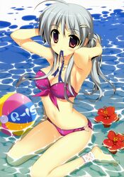  absurdres ankleband anklet arms_up ball bare_shoulders barefoot beachball bikini breasts cleavage copyright_request flower fujima_takuya hair_ornament hairclip heart hibiscus highres jewelry mouth_hold navel necklace partially_submerged pink_bikini red_eyes ribbon_in_mouth scan shiny shiny_skin silver_hair sitting solo strapless swimsuit tying_hair wariza water 