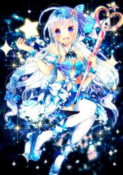  bow brooch highres jewelry original pixiv pixiv-tan ribbon sazanami_shione sparkle star thigh-highs thighhighs wand white_legwear 