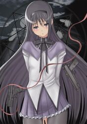  akemi_homura black_hair blush frills grey_eyes gun long_hair magical_girl mahou_shoujo_madoka_magica pantyhose ribbon sirumeria skirt solo tears very_long_hair weapon 