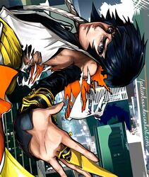  1girl abstract_background bare_shoulders black_hair bleach blue_eyes detached_sleeves haori japanese_clothes long_sleeves looking_at_viewer patientxxx shikai solo sui-feng taichou_haori torn_clothes watermark web_address 