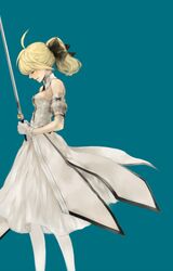  6616_(artist) ahoge aqua_background blonde_hair bow closed_eyes detached_sleeves dress excalibur eyes_closed fate/unlimited_codes fate_(series) gloves hair_bow nekoyanagi_mero ponytail saber saber_lily simple_background solo sword weapon 