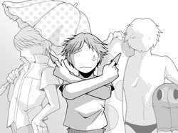  bugles crossed_arms dress_shirt eyes hanamura_yousuke hand_on_hip innertube multiple_boys narukami_yuu persona persona_4 persona_4_the_golden shirt speedo t0kiwa tatsumi_kanji umbrella 
