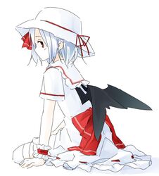  bat_wings blue_hair dress hat hat_ribbon kazeharu looking_back red_eyes remilia_scarlet ribbon short_hair short_sleeves sitting sketch solo touhou wings wrist_cuffs 