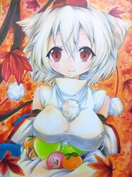  autumn_leaves bare_shoulders breasts detached_sleeves food fruit hat inubashiri_momiji large_breasts leaf looking_at_viewer maple_leaf pastel_(medium) red_eyes short_hair silver_hair smile solo tasogare_neko tokin_hat touhou traditional_media 