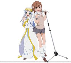  brown_eyes brown_hair coin dengeki green_eyes habit hair_ornament hairpin highres index loafers long_hair loose_socks microphone microphone_stand misaka_mikoto nun official_art safety_pin school_uniform shoes skirt socks sweater_vest to_aru_majutsu_no_index watermark 