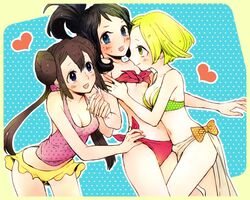  bel_(pokemon) bikini blonde_hair blue_eyes blush bow breasts brown_hair cleavage double_bun front-tie_top green_eyes heart holding_hands hug long_hair mei_(pokemon) multiple_girls pokemon pokemon_(game) pokemon_bw pokemon_bw2 ponytail red_bikini shigeru short_hair shorts side-tie_bikini sweat swimsuit touko_(pokemon) twintails undressing yuri 