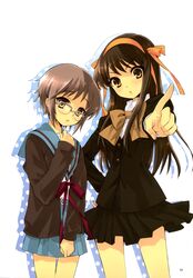  2girls absurdres blush brown_eyes brown_hair glasses grey_hair hairband highres itou_noiji long_hair multiple_girls nagato_yuki open_mouth school_uniform short_hair suzumiya_haruhi suzumiya_haruhi_no_yuuutsu 