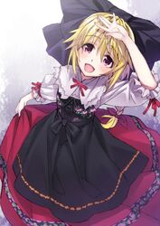  1girl :d blonde_hair blush bow braid charlotte_dunois dress hair_bow hair_ribbon infinite_stratos long_hair matsuryuu open_mouth ponytail ribbon single_braid smile solo violet_eyes 