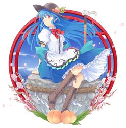  blue_hair boots cherry_blossoms cross-laced_footwear food fruit hat hinanawi_tenshi keystone leaf long_hair orange_eyes peach petals puffy_sleeves red_eyes rock rope short_sleeves sitting solo standing sword sword_of_hisou touhou very_long_hair watase-ya weapon white_background 