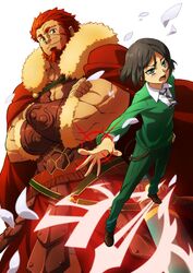  armor beard black_hair cape command_spell facial_hair fate/zero fate_(series) green_eyes male multiple_boys oiun red_hair redhead rider_(fate/zero) waver_velvet 