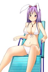  animal_ears bikini blush breasts bunny_ears chair female front-tie_top large_breasts lavender_hair long_hair lounge_chair misaki_takahiro navel purple_eyes rabbit_ears reisen_udongein_inaba side-tie_bikini simple_background sitting solo swimsuit touhou violet_eyes white_background white_bikini 