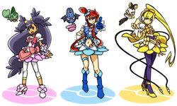  >:) :d alternate_hairstyle axew black_legwear blonde_hair blue_dress blue_eyes boots bow choker commentary cosplay creature crossover cure_blossom cure_blossom_(cosplay) cure_marine cure_marine_(cosplay) cure_sunshine cure_sunshine_(cosplay) dark_skin dress emolga female fuuro_(pokemon) garter_belt gloves grin gym_leader hair_ornament hand_on_hip headphones heartcatch_precure! high_heels iris_(pokemon) kamitsure_(pokemon) leggings long_hair multiple_girls open_mouth pantyhose payot pink_dress pointing poke_ball pokemon pokemon_(game) pokemon_bw ponytail precure purple_hair red_eyes red_hair redhead sash shoes side_ponytail smile squemezzo suspenders swoobat two_side_up very_long_hair waist_poke_ball white_legwear wrist_cuffs yellow_dress 