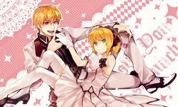  1girl ahoge blonde_hair bow fate/stay_night fate/unlimited_codes fate_(series) formal gilgamesh gloves green_eyes hair_bow inuheri long_hair ponytail red_eyes saber saber_lily thigh-highs thighhighs white_legwear wine 