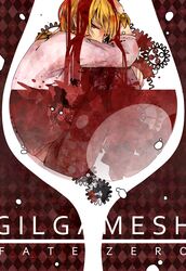  absurdres blonde_hair bracelet character_name cup fate/zero fate_(series) gears gilgamesh highres jewelry male pcone red_eyes solo title+drop title_drop wine wine_glass 
