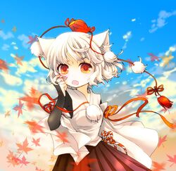  animal_ears hat inubashiri_momiji leaf maple_leaf open_mouth red_eyes short_hair silver_hair solo tokin_hat touhou umebayashi_saki wide_sleeves wolf_ears 