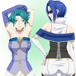  ass aya_kobayashi blue_eyes blue_hair breasts cleavage detached_sleeves earrings elbow_gloves gloves green_eyes green_hair hand_on_hip jewelry large_breasts lipstick looking_at_viewer looking_back makeup ribonzu short_hair skin_tight smile sunglasses super_robot_wars super_robot_wars_original_generation viletta_badam 