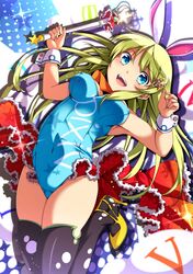  :d animal_ears black_legwear blonde_hair blue_eyes breasts bunny_ears bunnysuit dutch_angle high_heels highres holding jumping legs_up leotard long_hair open_mouth pixiv pixiv-tan rabbit_ears shoes skirt smile solo sparkle star thigh-highs thighhighs wand wrist_cuffs yuihara 