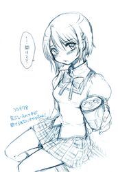  artist_request blue blush can foreshortening hair_ornament hairclip juliet_sleeves long_sleeves looking_at_viewer mahou_shoujo_madoka_magica miki_sayaka monochrome partially_translated puffy_sleeves school_uniform short_hair sitting sketch skirt soda_can solo tears translation_request 