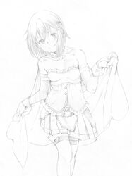  armband artist_request bare_shoulders cape gloves hair_ornament hairclip highres magical_girl mahou_shoujo_madoka_magica mahou_shoujo_madoka_magica_movie miki_sayaka monochrome short_hair simple_background sketch smile solo soul_gem thigh-highs thighhighs 