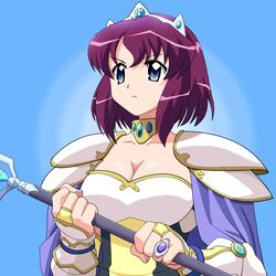  blue_eyes breasts bridal_gauntlets cleavage crown gauntlets henrietta_de_tristain jewelry large_breasts m_tateyama purple_hair ring short_hair shoulder_pads staff zero_no_tsukaima 