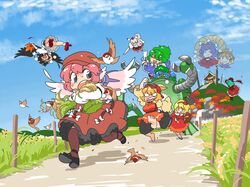  aki_minoriko aki_shizuha barefoot bird camera chasing eurasian_tree_sparrow feet flying hat highres inubashiri_momiji kagiyama_hina kawashiro_nitori kochiya_sanae mitsumoto_jouji moriya_suwako mountain_of_faith multiple_girls mystia_lorelei open_mouth road robot running shameimaru_aya shrine smile sparrow sparrows sweatdrop touhou upside-down yasaka_kanako 